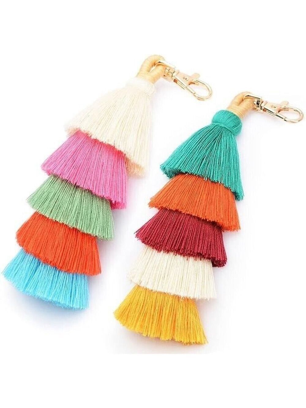 Osadia Handmade Colourful Boho Pom Pom Tassel Bag Charm Key Chain Set of Two